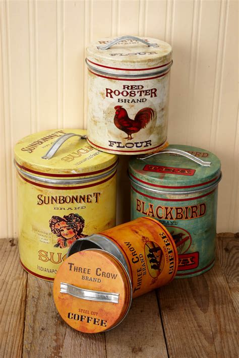 Four Retro Farmhouse Metal Canisters