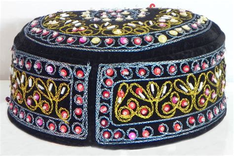 Black Muslim Prayer Cap with Bead and Sequin Embroidery