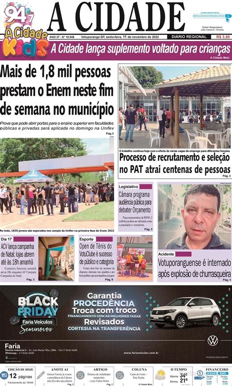 Capa Jornal A Cidade De Votuporanga Sexta De Novembro De