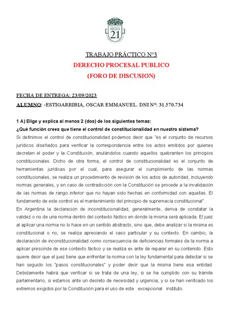 TP 3 FORO Derecho Procesal Publico TRABAJO PRÁCTICO N DERECHO