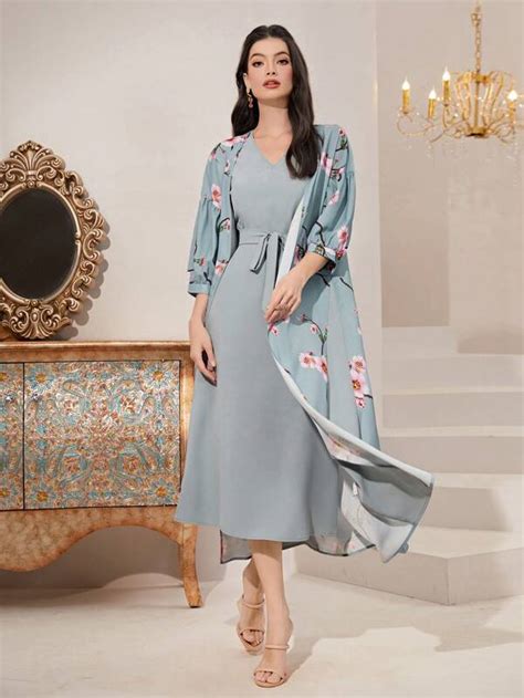 Shein Najma Floral Print Belted Abaya Set Shein Usa