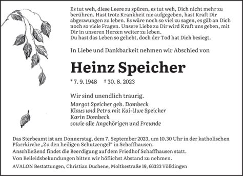 Traueranzeigen Von Heinz Speicher Saarbruecker Zeitung Trauer De