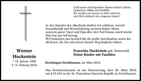 Traueranzeigen Von Werner Huckestein Trauer In Nrw De