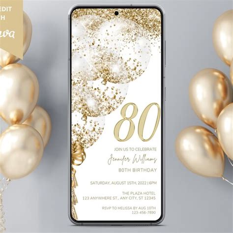 Instant Download 80th Birthday Invitation Digital Template Etsy