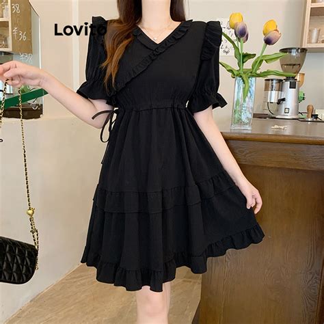 Lovito Women Casual Plain Lettuce Trim Lace Up Ruched Dress Lne