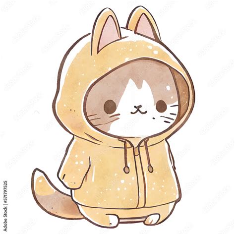 Cute Chibi Cat Wearing Hoodie Watercolor Clipart Png Stock Illustration