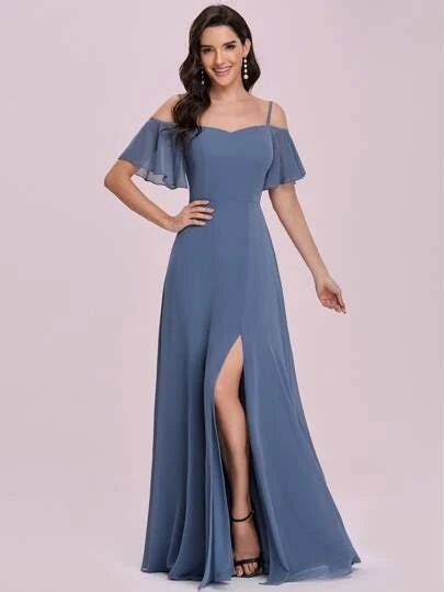 Ever Pretty Cold Shoulder Split Thigh Chiffon Bridesmaid Dress Teal