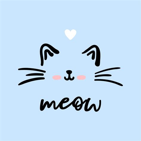 Cat Cute Face Meow Vector Doodle Illustration Isolated On Blue