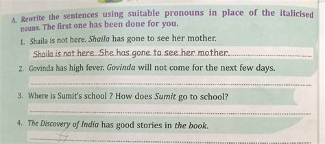 A Rewrite The Sentences Using Suitable Pronouns In Place Of The Italicis