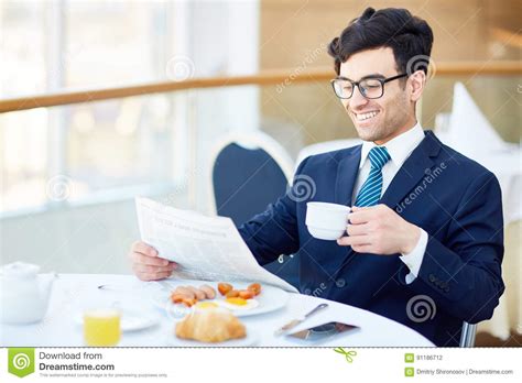 Businessman At Lunch Break Stock Photo Image Of Reading 91186712