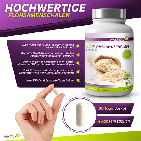 Vita2You Bio Flohsamenschalen Kapseln 750mg Hochdosiert 360 St Shop