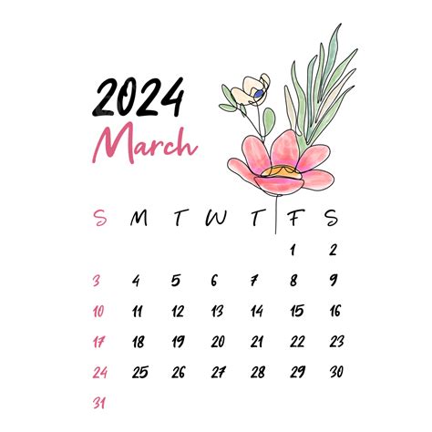 Calendário Mensal Floral Março 2024 Vetor PNG Calendário Floral De