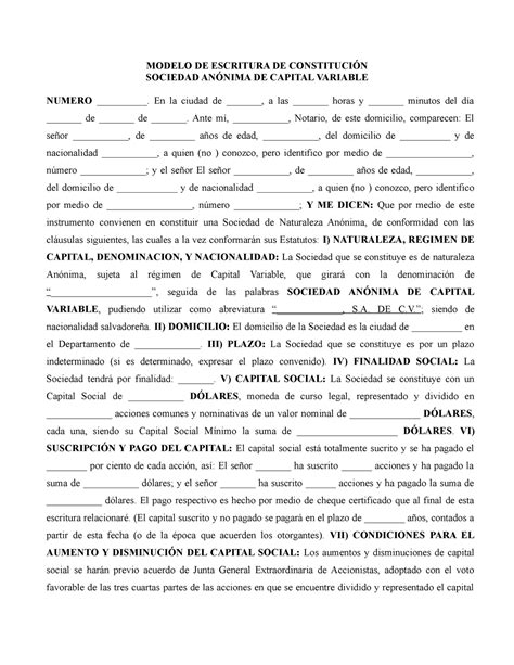 Acta Constitutiva De Sociedad An Nima Acta Constitutiva De Sociedad