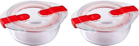 Pyrex Microwave Safe Classic Round Glass Dish With Vented Lid 11l Red Pack Of 2