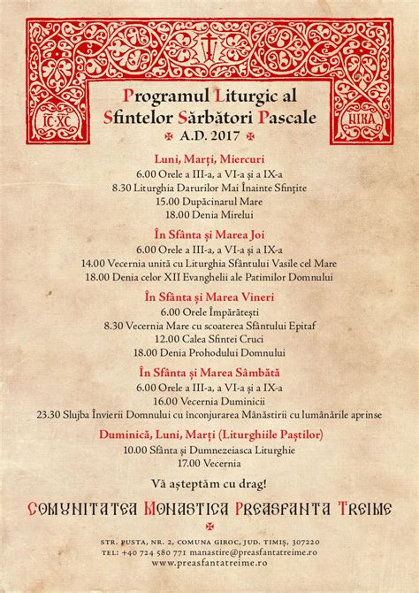 Program Liturgic Sarbatorile Pascale 2017 Comunitatea Monastică