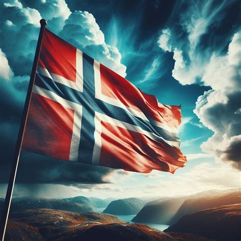 La Bandera De Noruega Volando En El Viento Contra Un Hermoso Paisaje