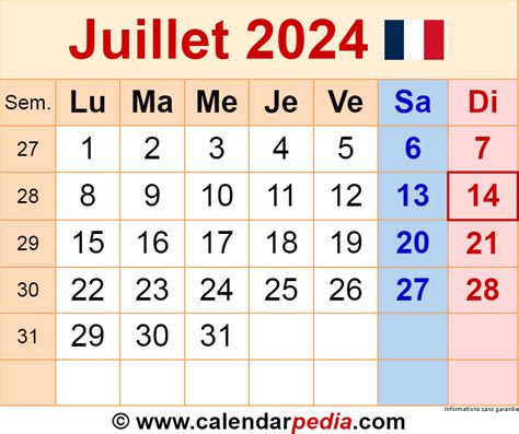 Calendrier Juillet 2024 Coloriages gratuits à imprimer créez votre