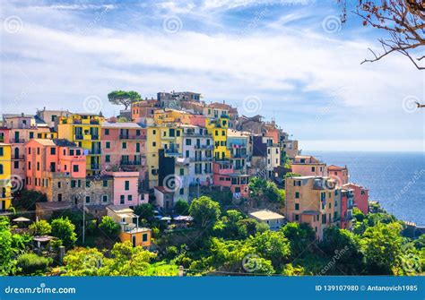 Corniglia Traditional Typical Italian Village With Colorful