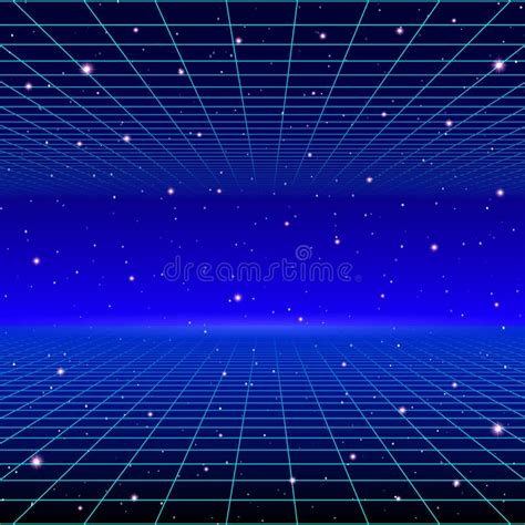 Retro Neon Background With 80s Styled Laser Grid And Stars Stock Vector