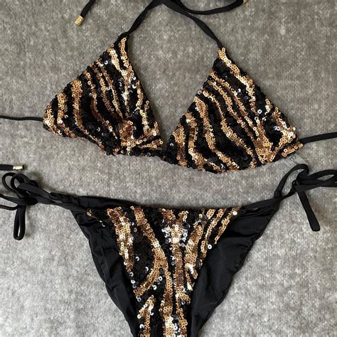 Beach Bunny Black Sequinned Bikini Absolutely Depop