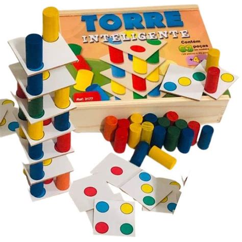 Brinquedo Jogo Torre Inteligente Colorido Madeira Educativo Zaramela