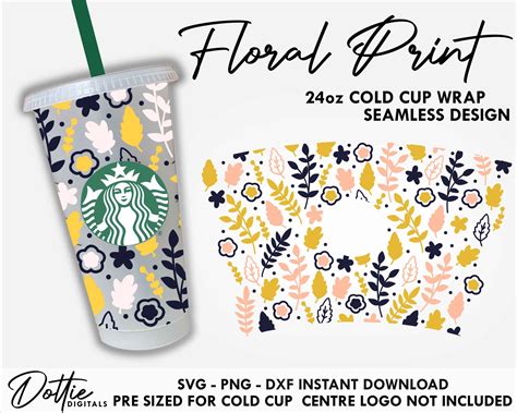 Dottie Digitals Floral Print Starbucks Cold Cup Svg Png Dxf Cutting File 24oz Pastel Flower