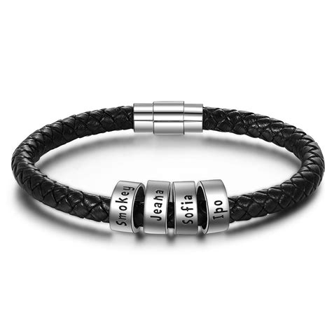 Bracelet Cuir tressé Prénom Personnalisé Bracelet Homme Avec 4 Perles