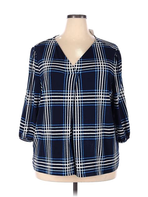 Roz Ali Plaid Multi Color Blue Sleeve Blouse Size X Plus