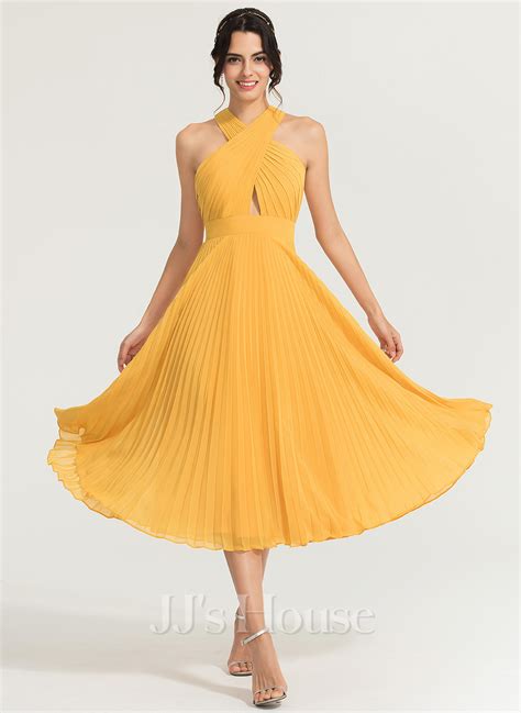 A Line V Neck Tea Length Chiffon Cocktail Dress With Pleated