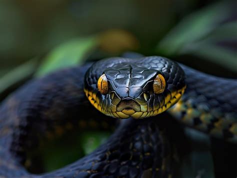 A snake with yellow eyes and the yellow markings on its head | Premium ...