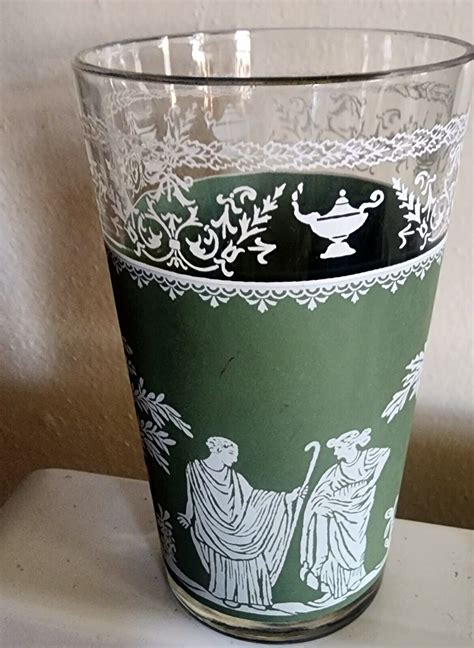 7 Vintage Jeannette Bar Glass Tumblers Green Wedgwood Hellenic Mcm Greek 5 Inch Drinkware