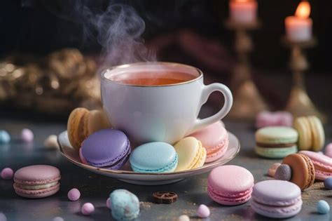 Premium AI Image Macarons With Cup Of Tea Ai Generated