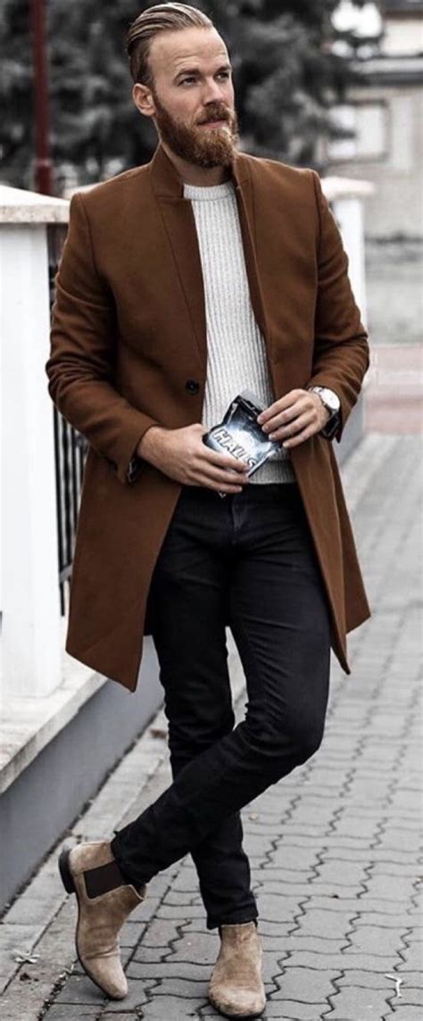 Fall Combo Inspiration With A Dark Brown Topcoat White Textured Sweater Black Denim Brown Suede