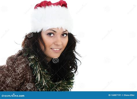 Femme Attirant Dans Le Chapeau De Santa Image Stock Image Du Cardigan