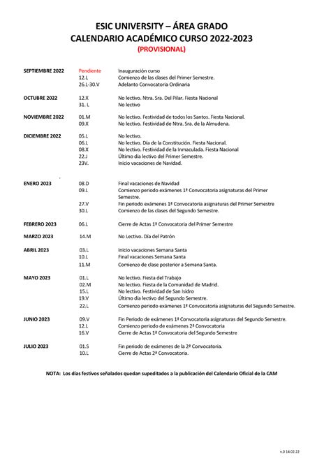 Calendario Acad Mico Curso Grado Provisional V V