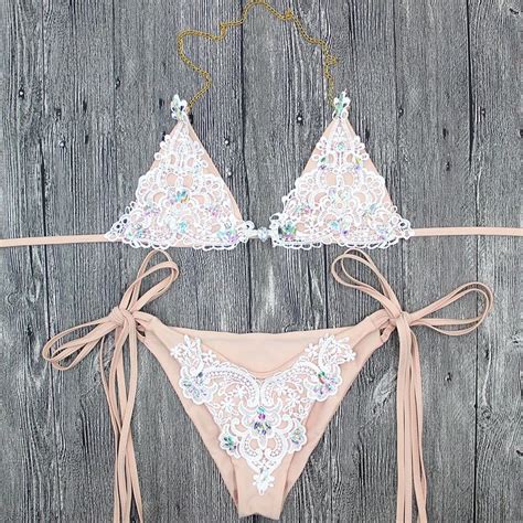 Hypsy Nude Sequin Crystal Bandage Lace Bikini Swimsuit Swimwear Beac