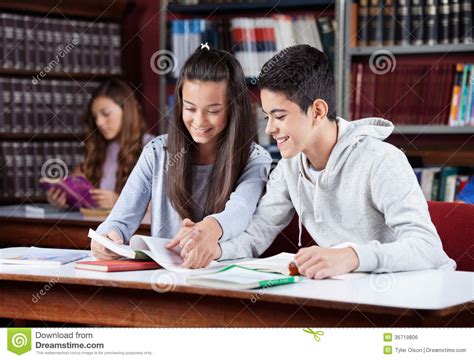 Pares Adolescentes Que Estudian Junto En Biblioteca Foto De Archivo