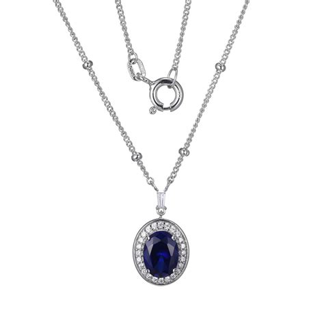 Sterling Silver Created Blue Sapphire And Cz Oval Drop Necklace