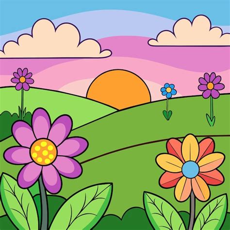 Un colorido campo de flores con el sol detrás de él Vector Premium