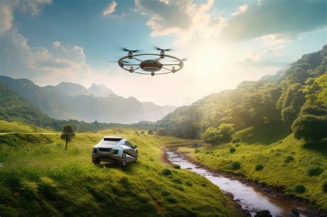 Autonomous Vehicle And Drone Flying Over Lush Green Landscape Stock