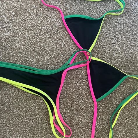 Black And Neon Thong Bikini Size Small Not Padded Depop