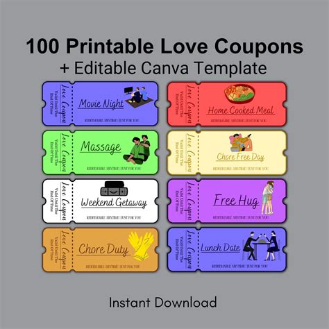 100 Printable Love Coupons For Him And Her Couple Coupons Valentines Day T Romantic