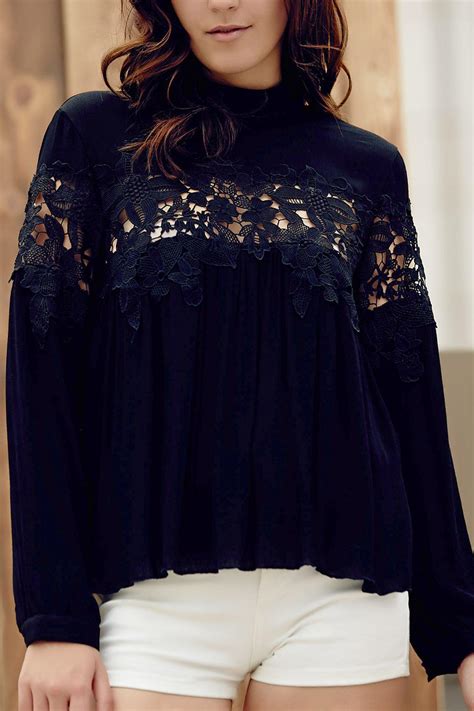 [23 Off] 2021 Lace Spliced Stand Collar Long Sleeve Black Blouse In