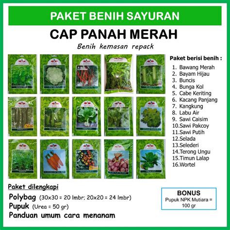 Jual Paket Benih Sayuran Cap Panah Merah Kemasan Repack Lengkap Polybag