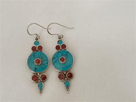 Traditional Tibetan Turquoise And Silver Moon Design Earring Te021