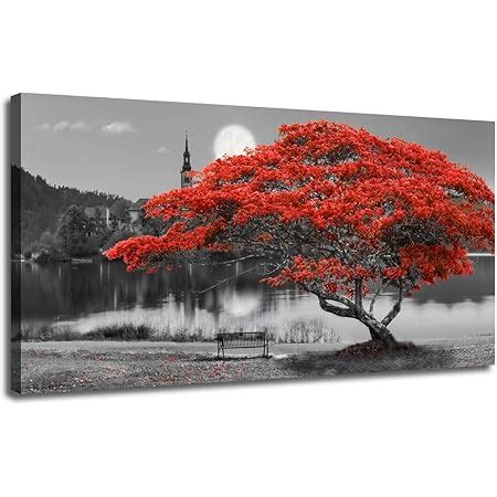 MHARTK66 Wall Art For Living Room Simple Life Red Moon Tree Scenery