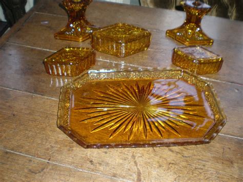 Art Deco Amber Glass Dressing Table Set - Glass Designs