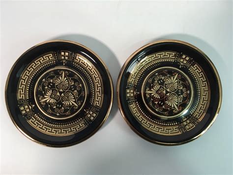 2 Vintage Demitasse Cups And Saucers 24k Gold On Black Greek Retro Pair Espresso Coffee Cups