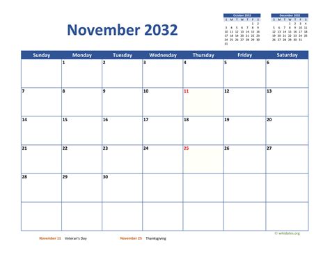 November 2032 Calendar Classic | WikiDates.org