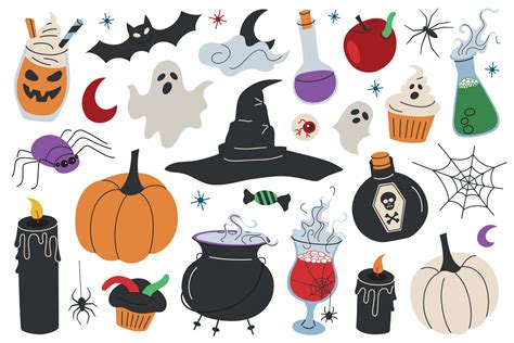 Halloween Themed Illustration Set With Pumpkins Cauldrons Witch Hat Doodle Icons Of Ghosts